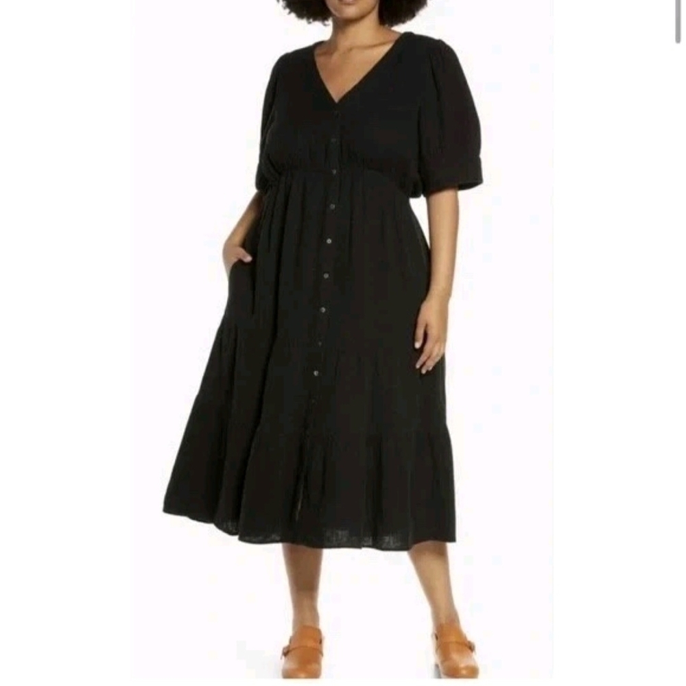 Madewell Women's Lightspun Button Front Tiered Midi Dress in True Black;Size 6